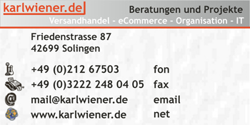 karlwiener.de - Beratungen und Projekte - Versandhandel, eCommerce und IT, Friedenstrasse 87, 42699 Solingen - für automatische Mail bitte anklicken